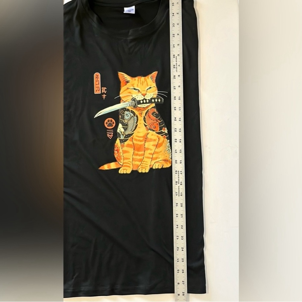 Samurai Tabby Cat Knife Koi Fish Black Graphic Men's Short Sleeve Tee Unisex Med - Picture 8 of 8
